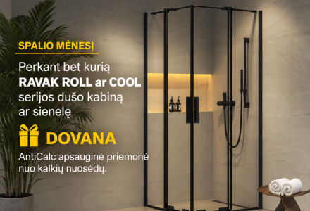 Spalį rinkitės RAVAK ROLL arba COOL dušo kabiną - stiklo priežiūros priemonę gaukite dovanų